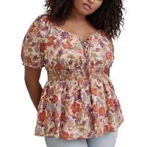 Torrid Georgette Eyelet Smocked Waist Puff Sleeve Top Size 1 Boho Peasant Blouse